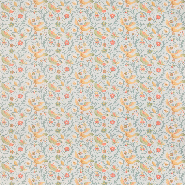 Pale aqua textile with tiny peach, coral and green scrolling floral motifs