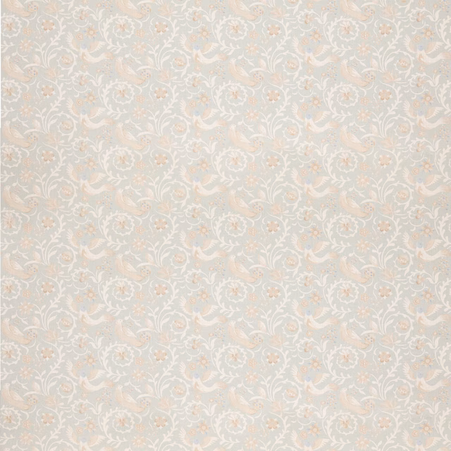 Pale old-blue textile with ivory scrolling damask and softly mottled woven texture