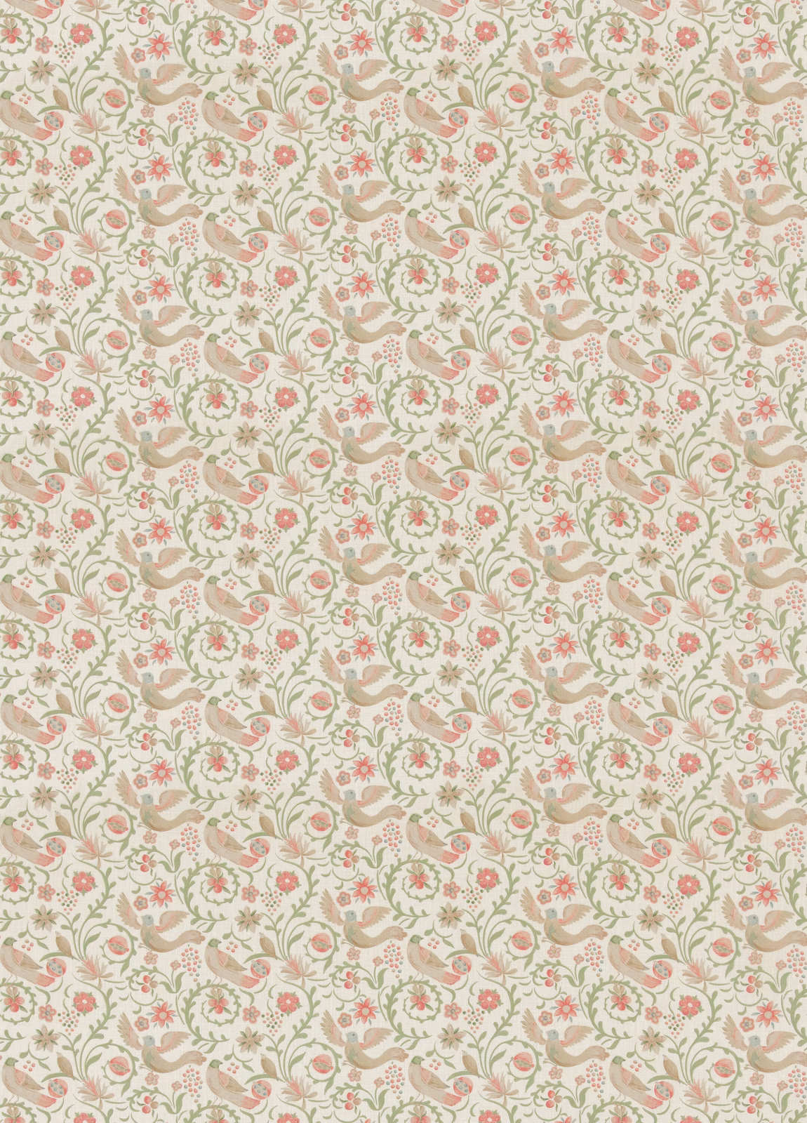 Cream floral fabric with blush pink blossoms, sage leaves and curling taupe motifs