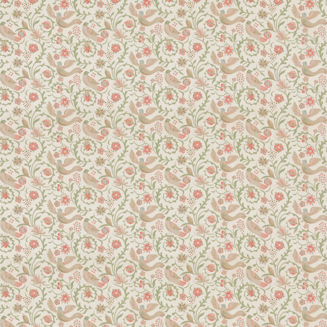 Cream floral fabric with blush pink blossoms, sage leaves and curling taupe motifs