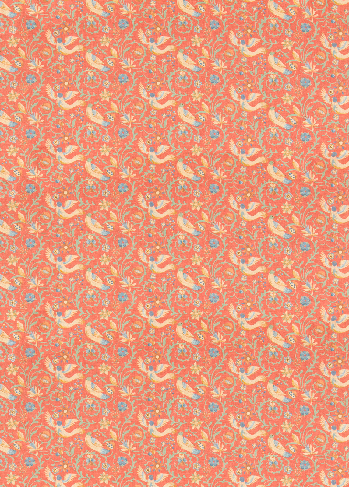 Coral-red paisley fabric with cream, turquoise and gold botanical motifs