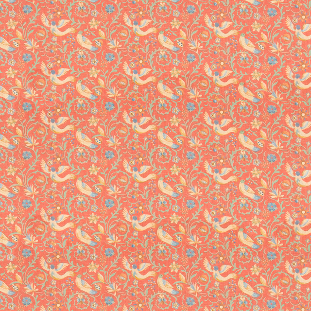 Coral-red paisley fabric with cream, turquoise and gold botanical motifs