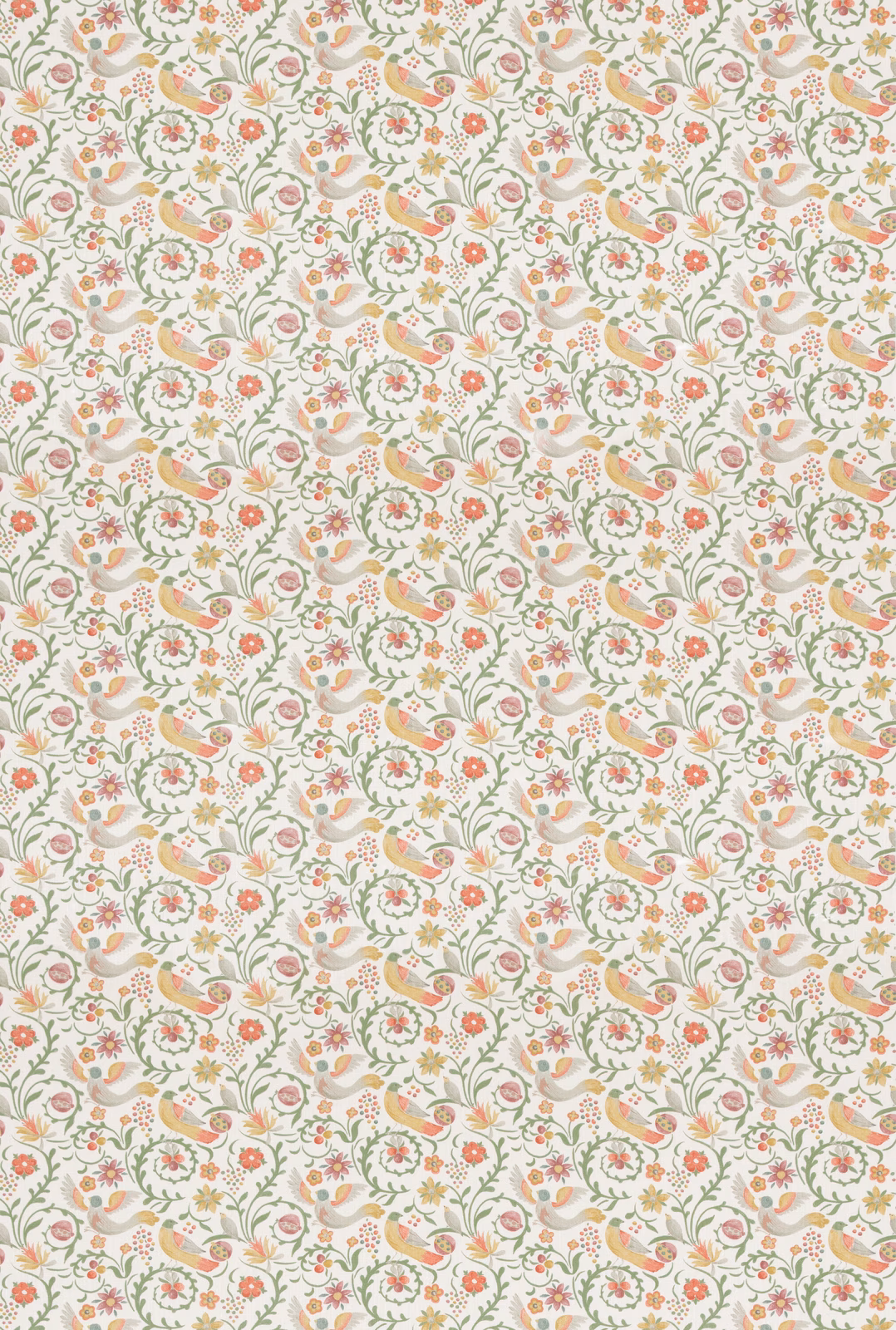 Cream floral textile with coral-red blooms, sage stems and scrolling leafy motifs