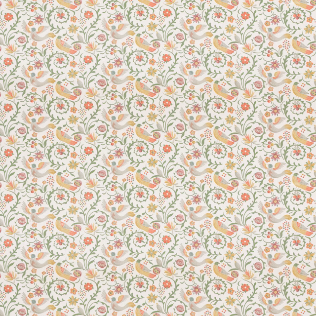 Cream floral textile with coral-red blooms, sage stems and scrolling leafy motifs