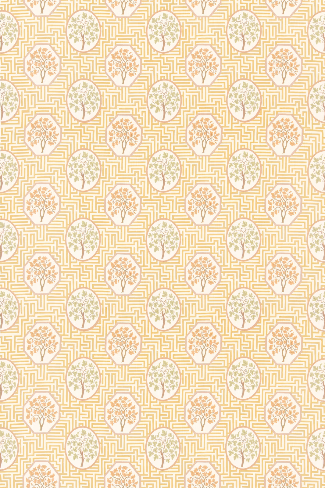 Pale ochre maze ground with alternating sage and peach tree medallions