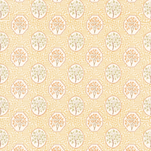 Pale ochre maze ground with alternating sage and peach tree medallions