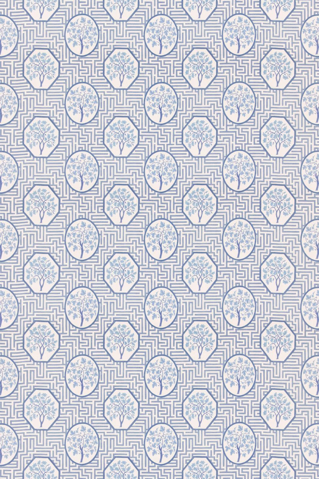 Pale ground with royal blue maze lines and alternating tree medallions