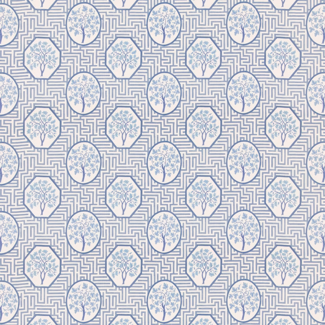 Pale ground with royal blue maze lines and alternating tree medallions