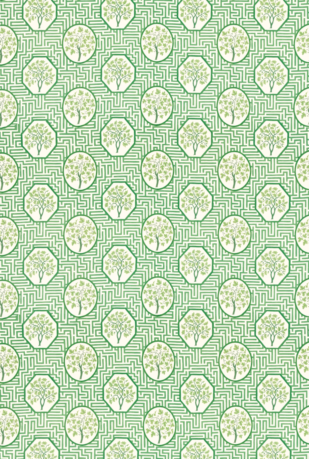 Royal green maze pattern with cream botanical medallions and delicate tree motifs