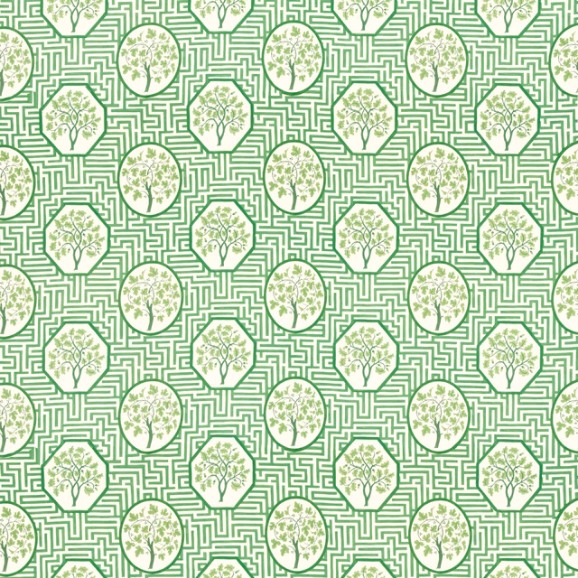 Royal green maze pattern with cream botanical medallions and delicate tree motifs