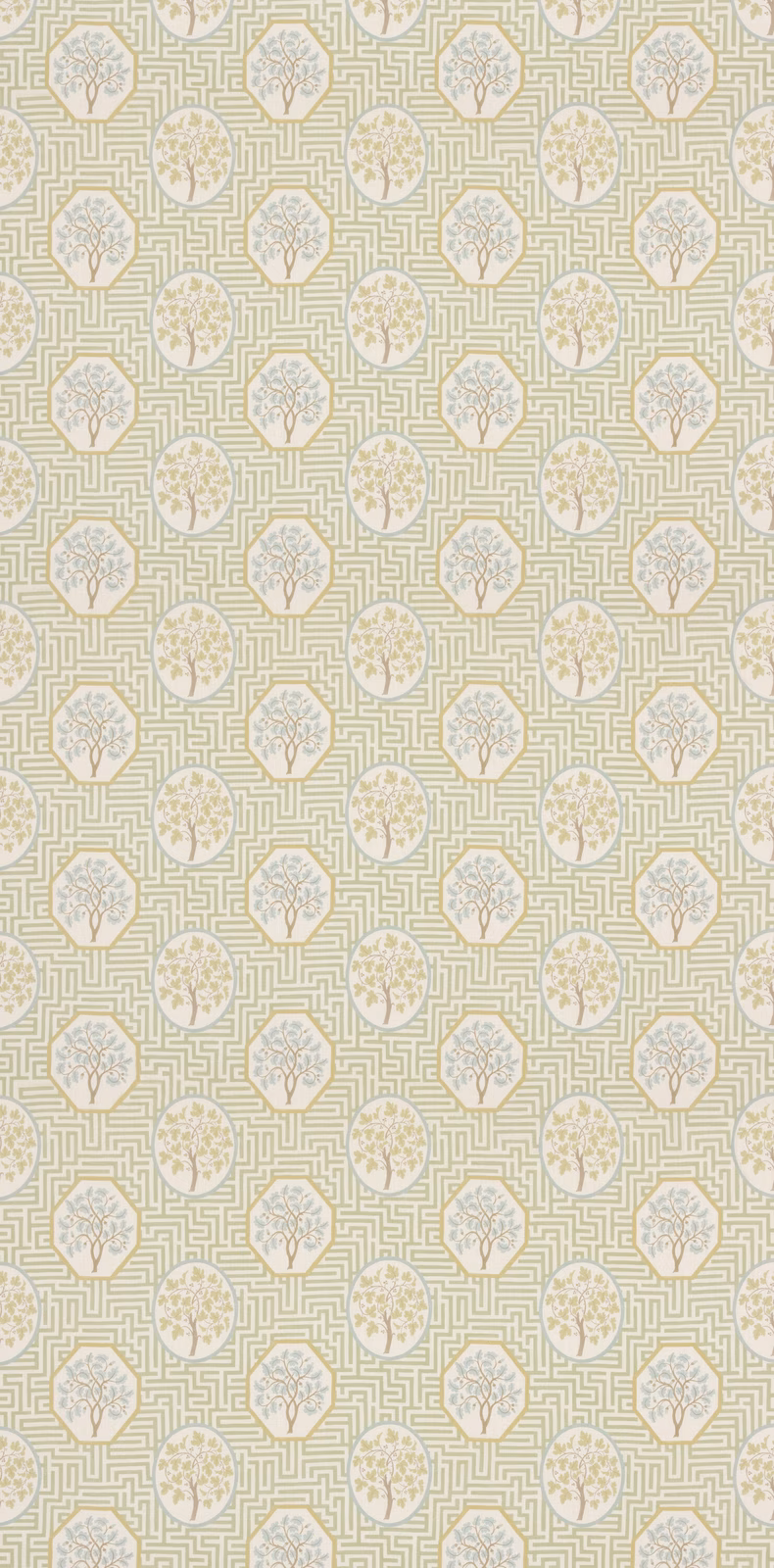 Pale sage maze lattice with ivory diamond medallions across a lightly textured textile