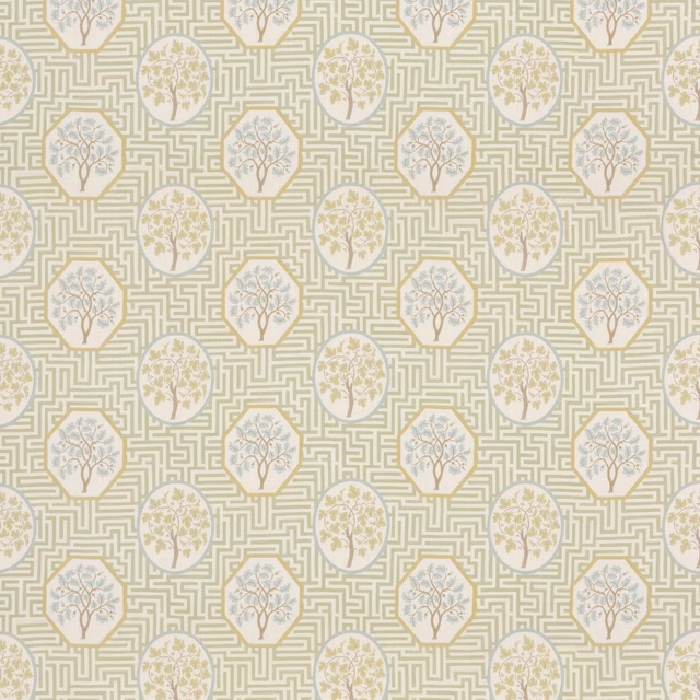 Pale sage maze lattice with ivory diamond medallions across a lightly textured textile