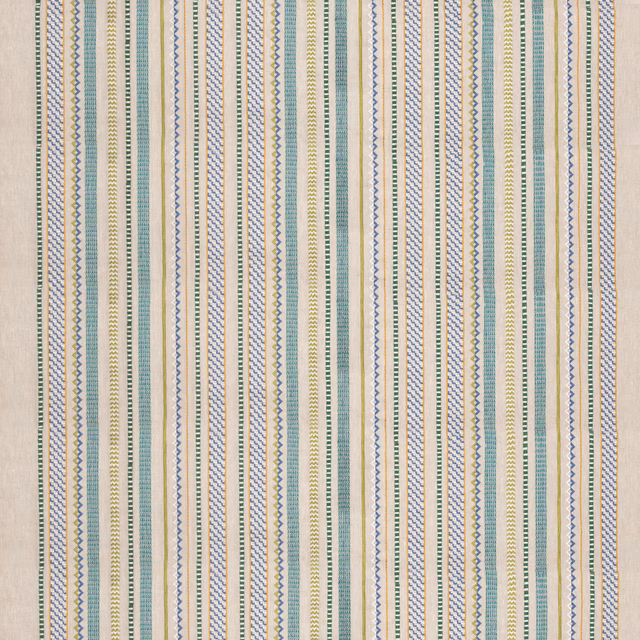 Close view of fine cream textile with narrow muted green and blue vertical stripes