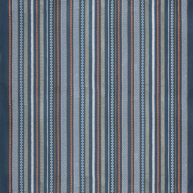 Deep indigo striped fabric with pale blue, white and muted rust woven lines