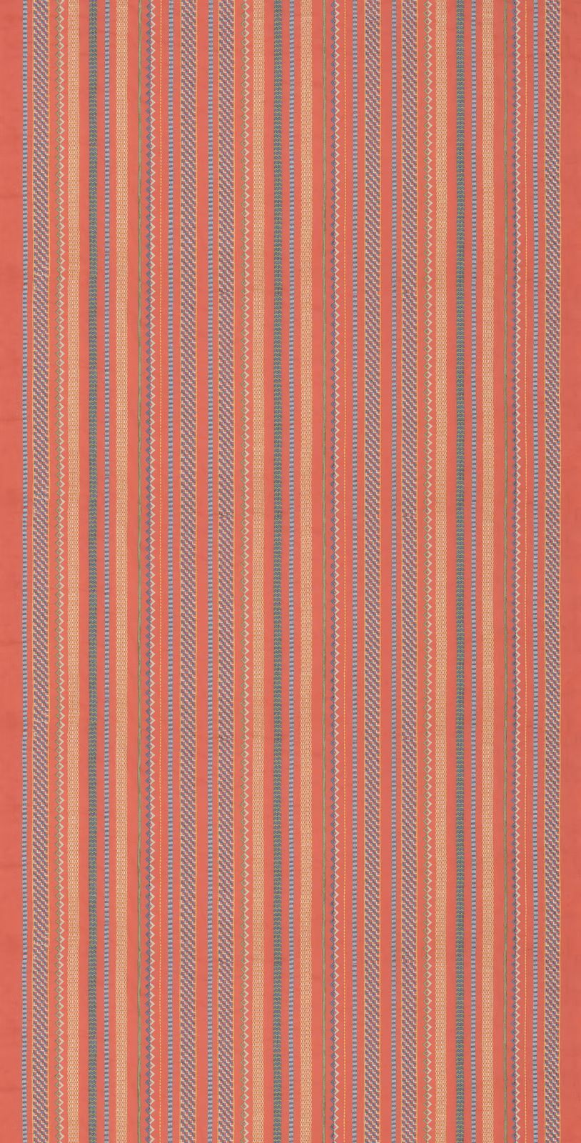 Warm coral-red textile with fine blue-grey and pale vertical stripes