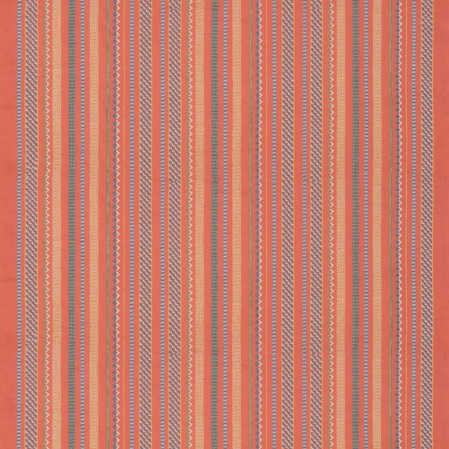 Warm coral-red textile with fine blue-grey and pale vertical stripes
