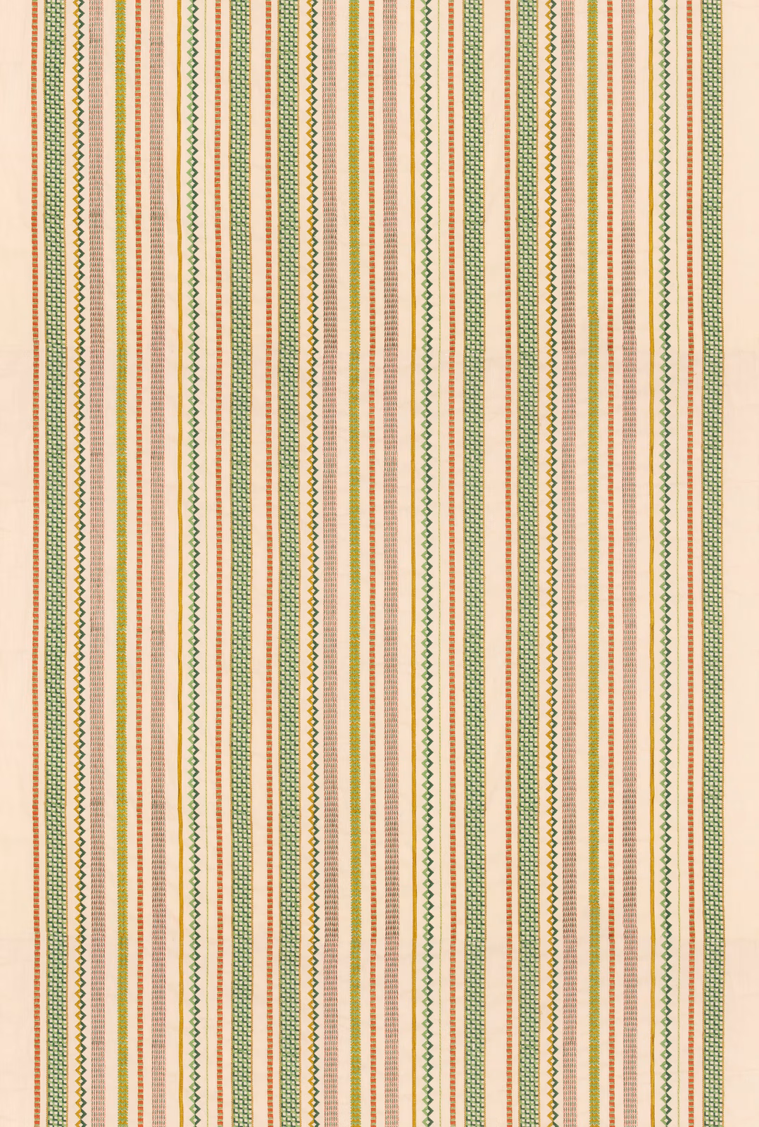 Cream striped fabric with muted red bands and green geometric tracery