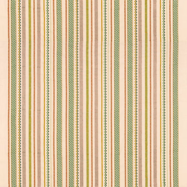 Cream striped fabric with muted red bands and green geometric tracery