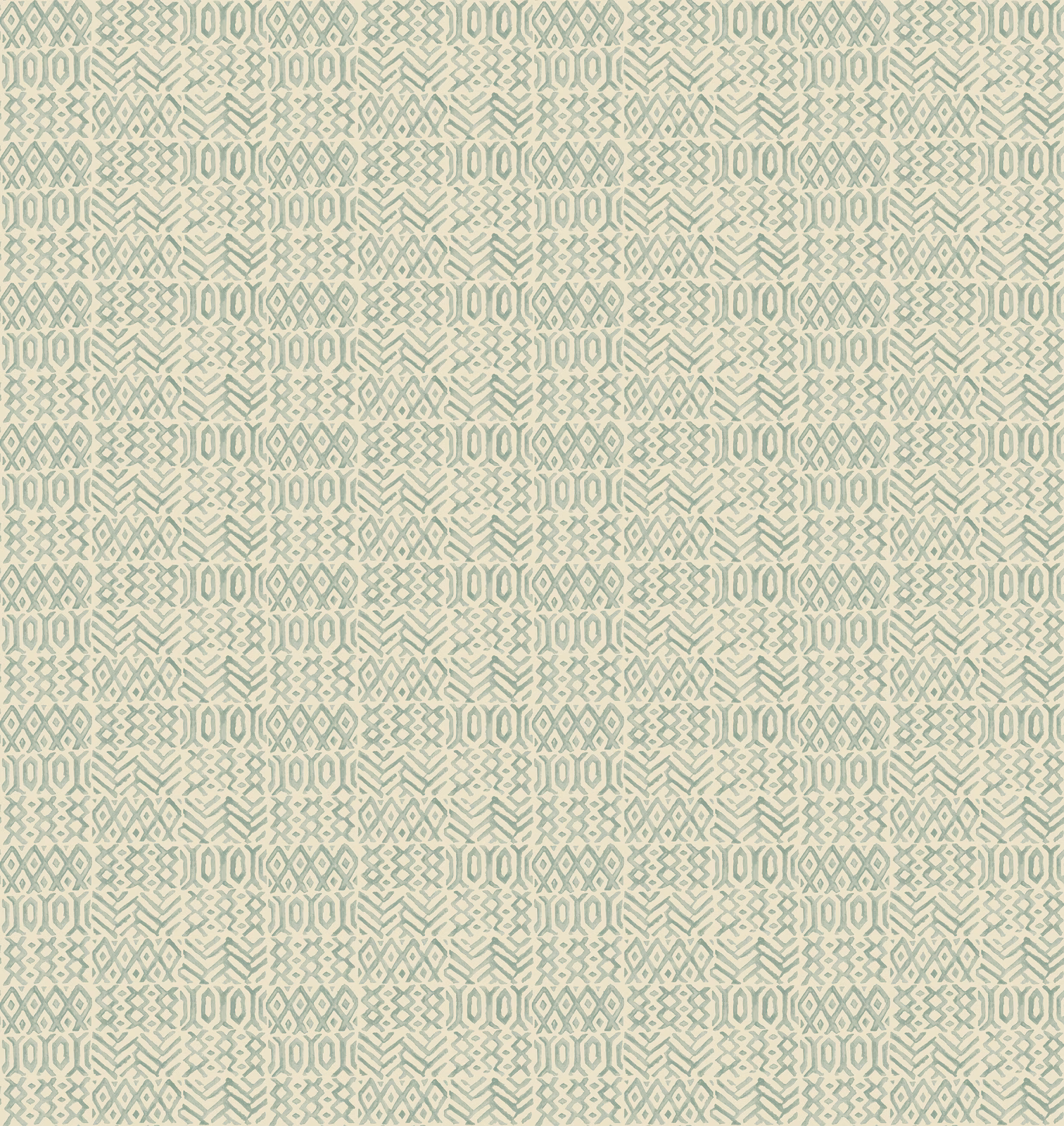 Pale aqua geometric wallpaper with intricate diamond motifs on an ivory ground