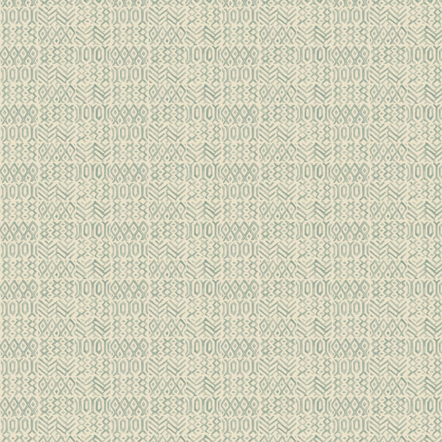 Pale aqua geometric wallpaper with intricate diamond motifs on an ivory ground