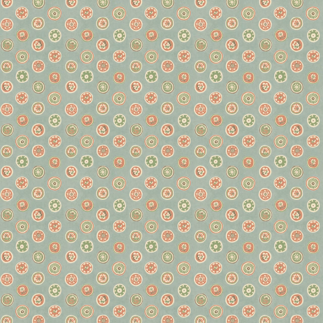 Soft aqua wallpaper with coral-red floral button medallions and cream rings