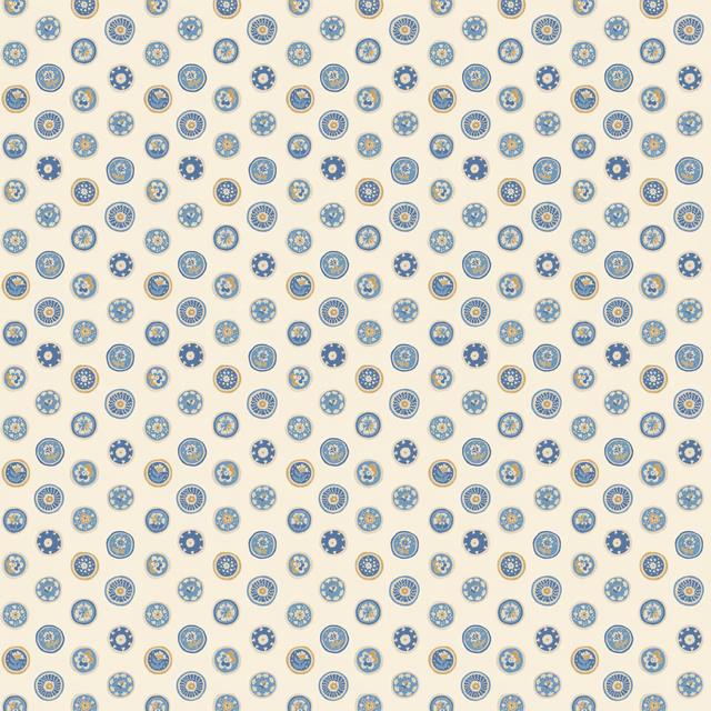Cream wallpaper with small repeating blue, teal and gold court-style medallions