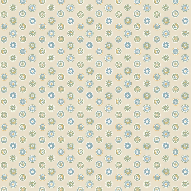Pale cream wallpaper with small blue and sage-green button medallions