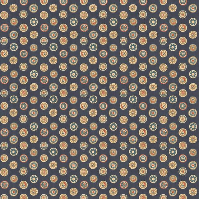 Deep indigo wallpaper with small cream, ochre and muted red button medallions