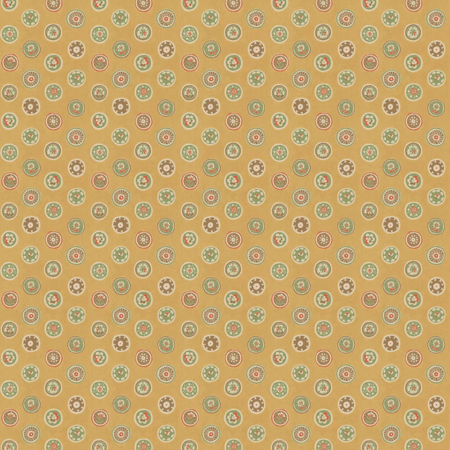 Ochre wallpaper with tiny cream, sage, red and taupe circular medallions