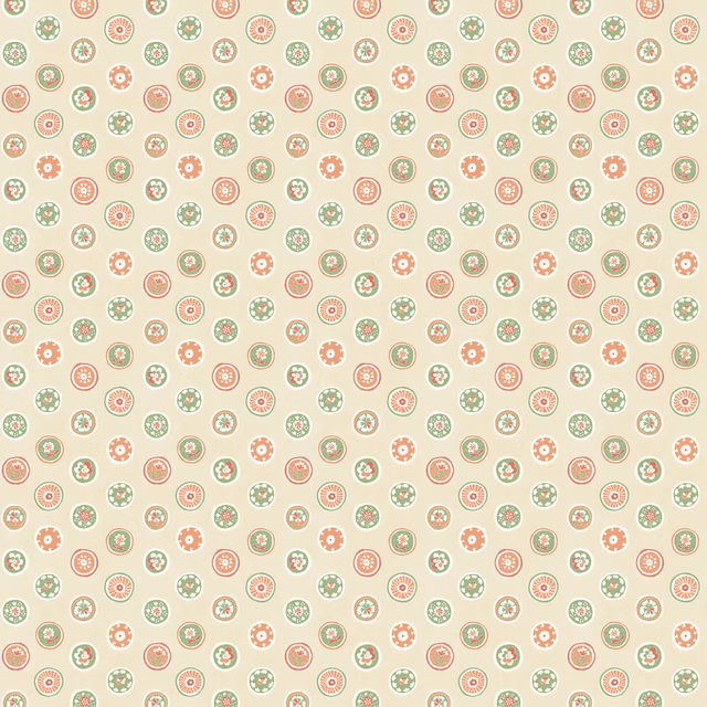 Cream wallpaper with small coral and sage floral medallions in a repeating pattern