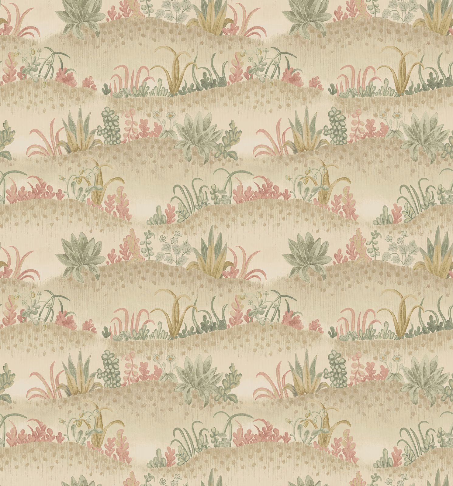 Muted pink and sage botanical bands on a softly stippled ivory wallpaper ground