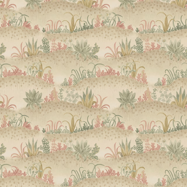 Muted pink and sage botanical bands on a softly stippled ivory wallpaper ground