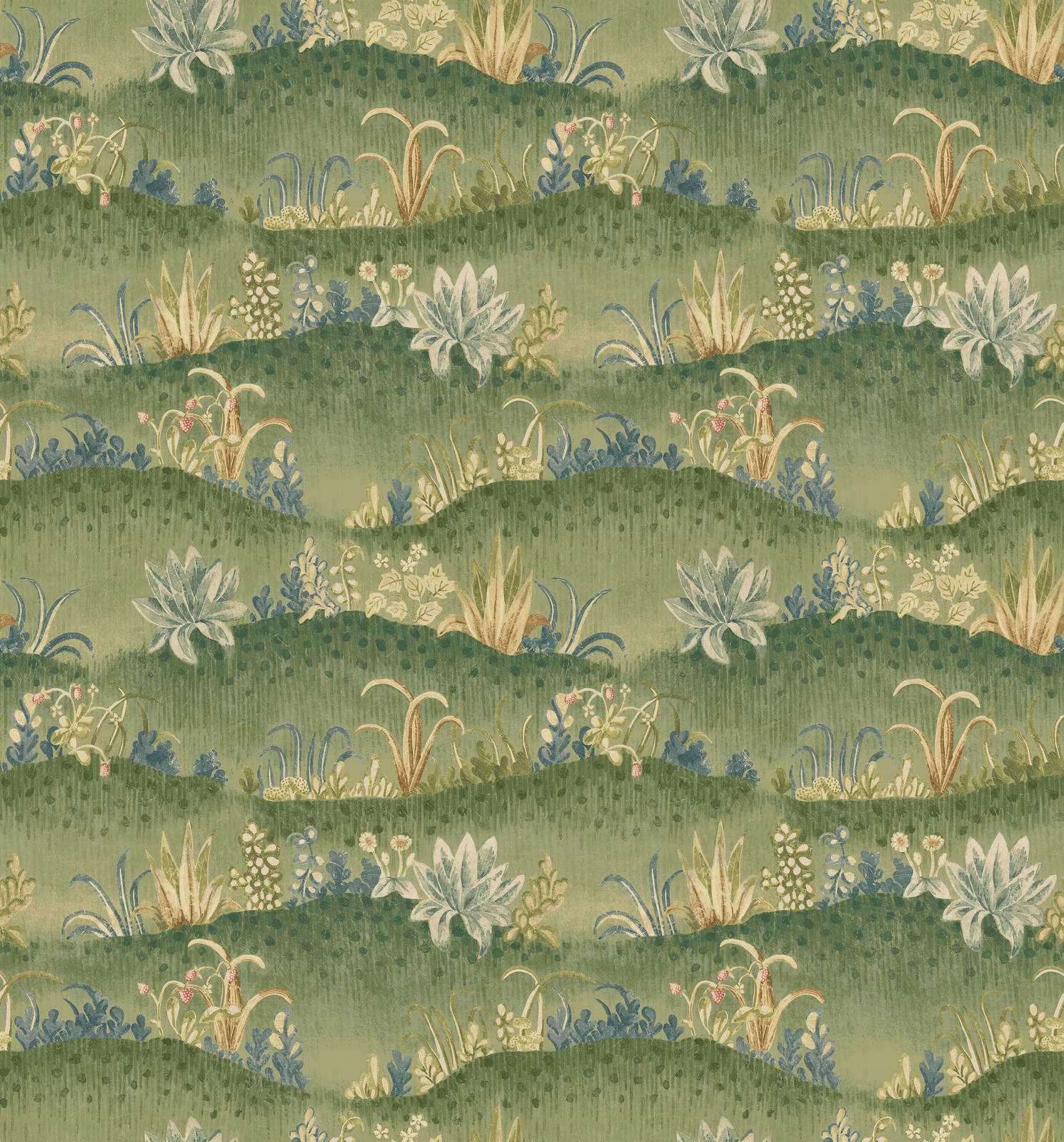 Moss-green botanical wallpaper with cream, blue and ochre flowers in horizontal bands