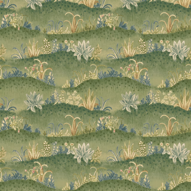 Moss-green botanical wallpaper with cream, blue and ochre flowers in horizontal bands