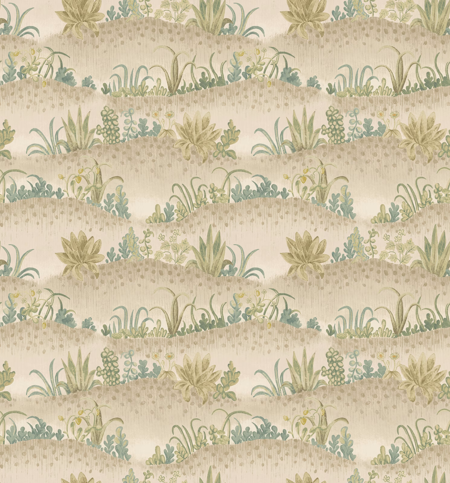 Soft blue-green botanical bands with cream foliage and a softly mottled ground