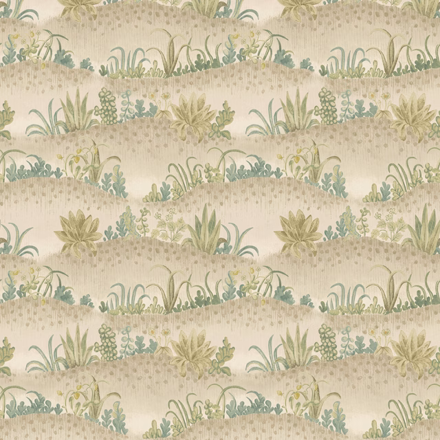 Soft blue-green botanical bands with cream foliage and a softly mottled ground