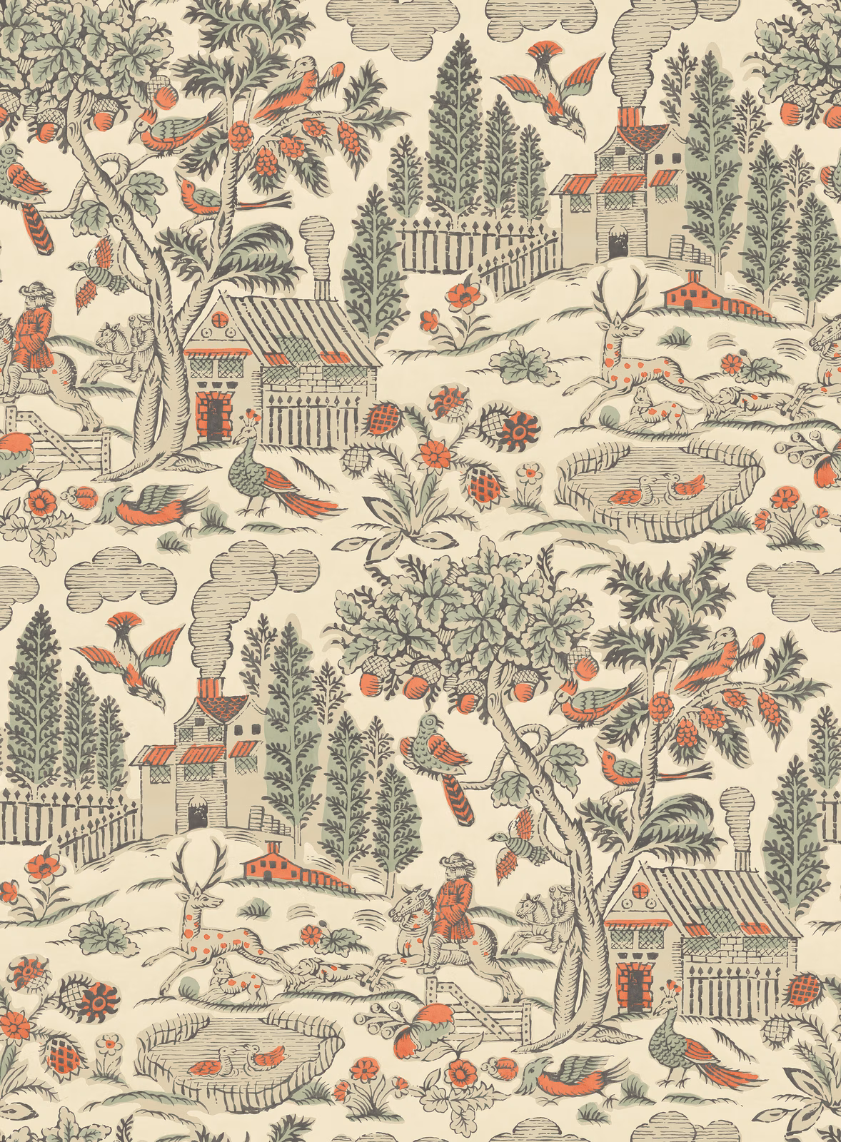 Antique cream wallpaper with sage trees, coral birds, cottages and pastoral scenes