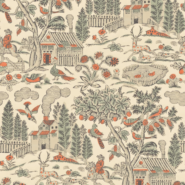 Antique cream wallpaper with sage trees, coral birds, cottages and pastoral scenes