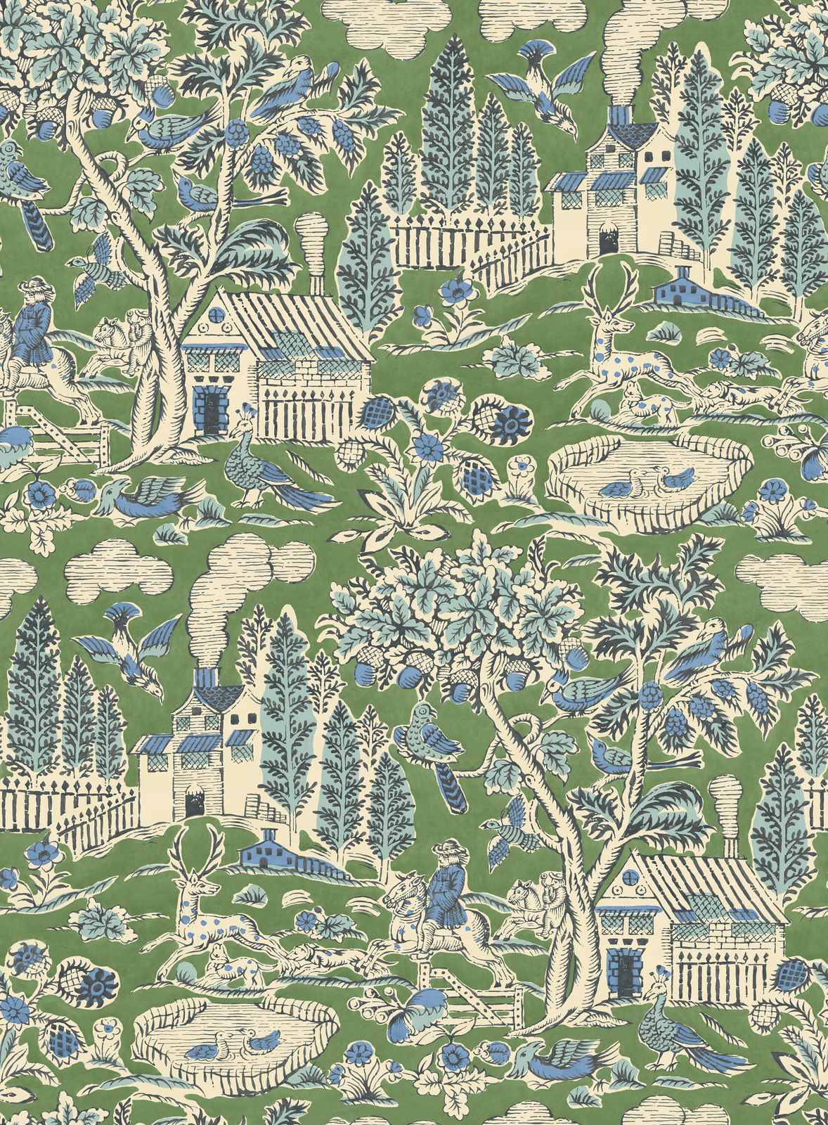 Emerald-green pastoral wallpaper with blue birds, cream trees, fences and garden scenes