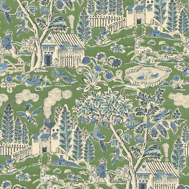 Emerald-green pastoral wallpaper with blue birds, cream trees, fences and garden scenes