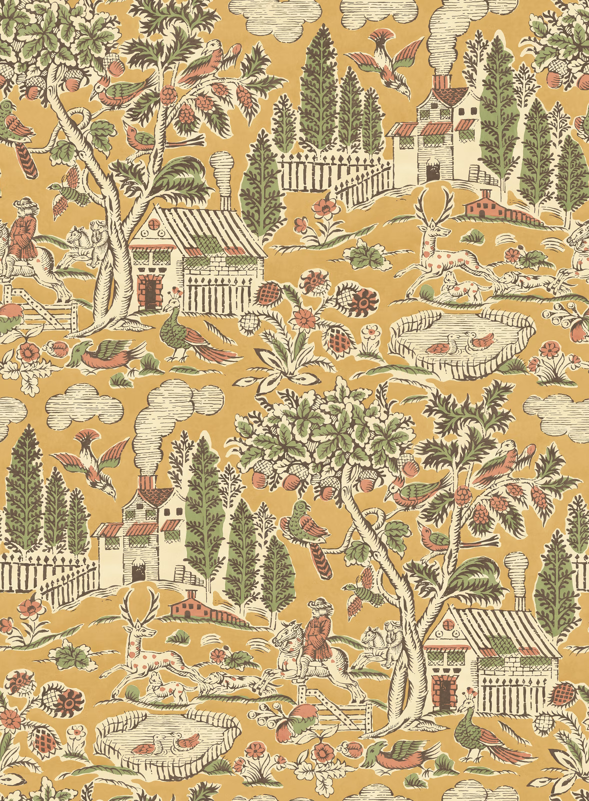 Ochre scenic wallpaper with olive trees, birds, deer, houses and cream clouds