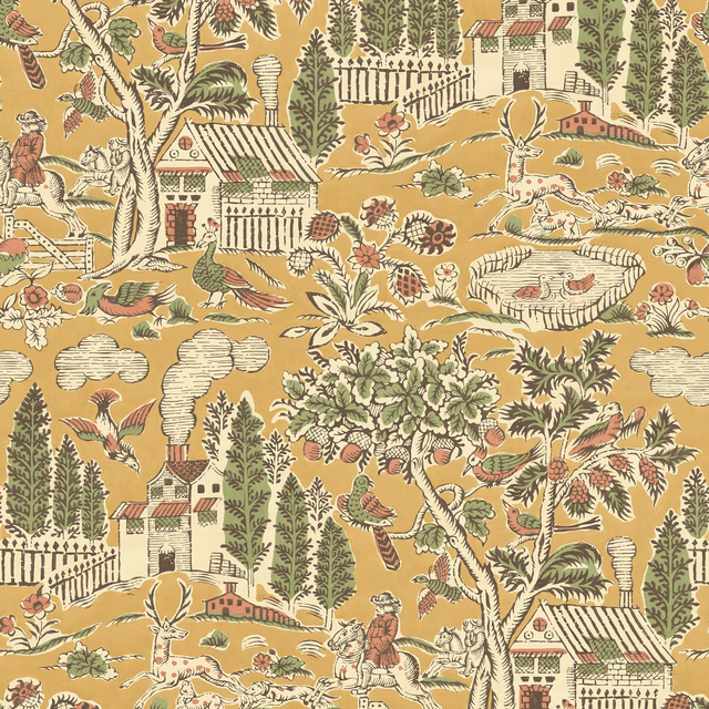 Ochre scenic wallpaper with olive trees, birds, deer, houses and cream clouds