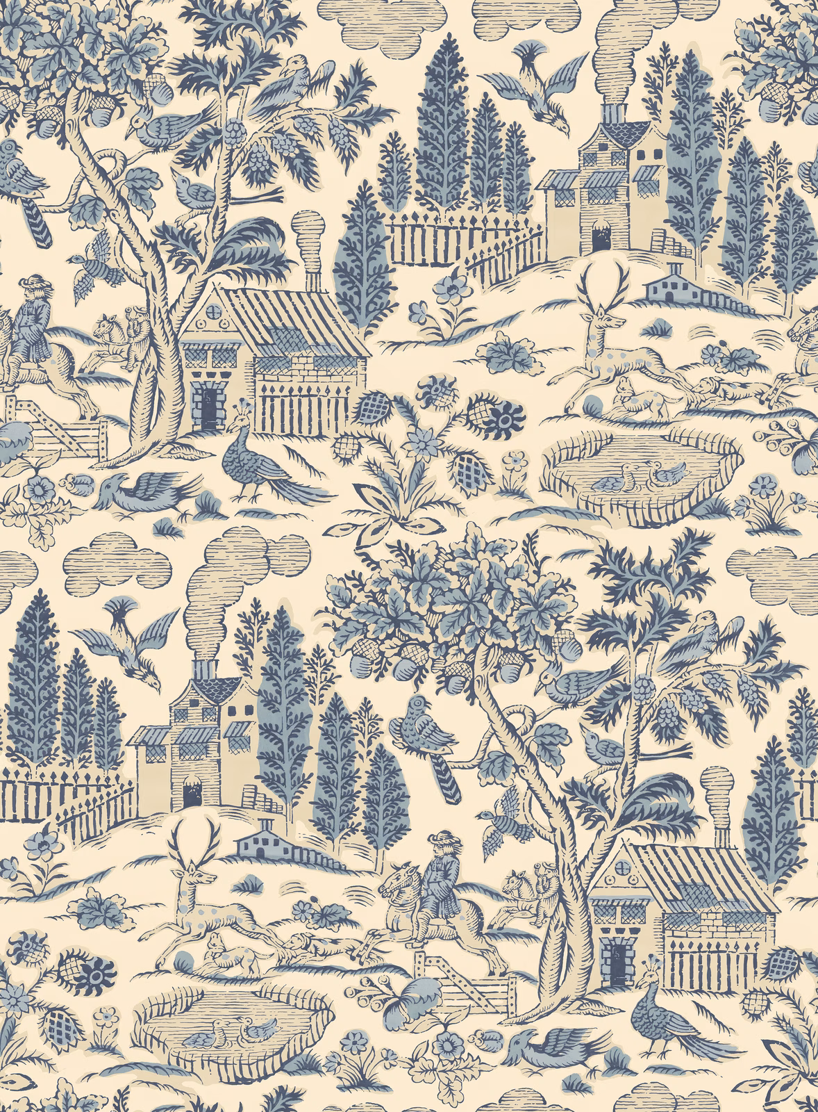 Royal-blue pastoral wallpaper with cream ground, trees, cottages, figures and birds