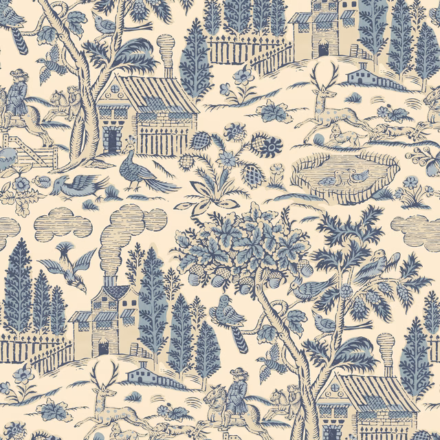 Royal-blue pastoral wallpaper with cream ground, trees, cottages, figures and birds