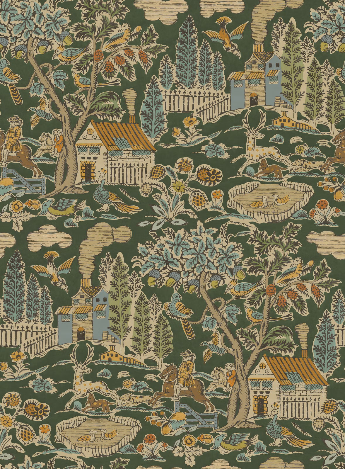Deep moss-green wallpaper with sage trees, ochre roofs, deer and garden figures