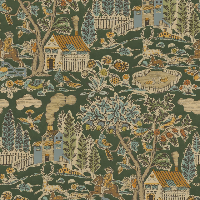Deep moss-green wallpaper with sage trees, ochre roofs, deer and garden figures