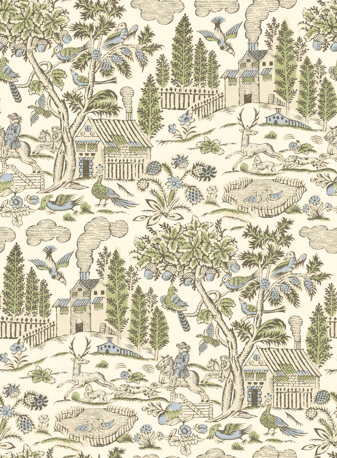 Cream-ground wallpaper with muted sage trees, blue cottages, birds and pastoral figures