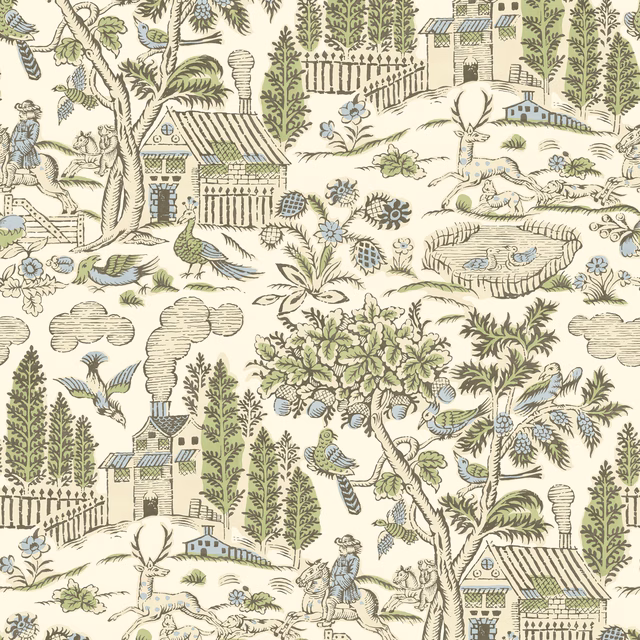 Cream-ground wallpaper with muted sage trees, blue cottages, birds and pastoral figures