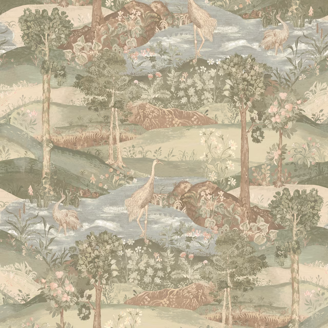 Muted sage wallpaper with cranes, flowering trees, water and layered pastoral hills