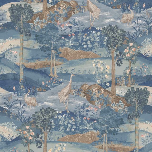 Cool blue scenic wallpaper with herons, trees, flowers and layered distant hills